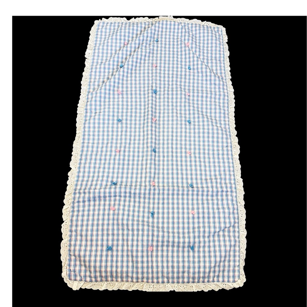 Vintage Baby Crib Quilt Blanket Eyelet Lace Ruffle Edge 54x29 Woven Plaid Tied